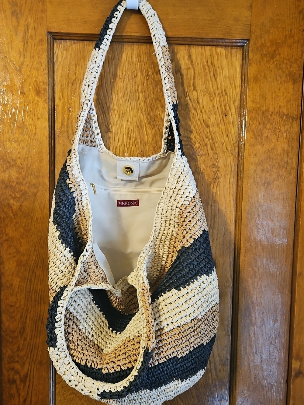 Merona Crochet Shoulder Tote in Natural and Black Stripes